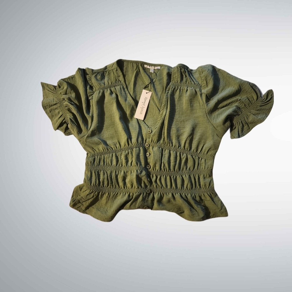 Smocked Waist Olive Green Women's Top